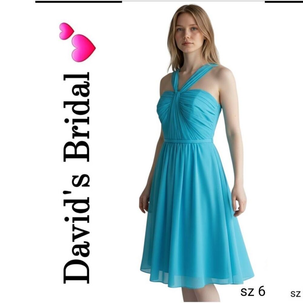 David's Bridal Blue Chiffon Flowy Halter Formal Cocktail Dress